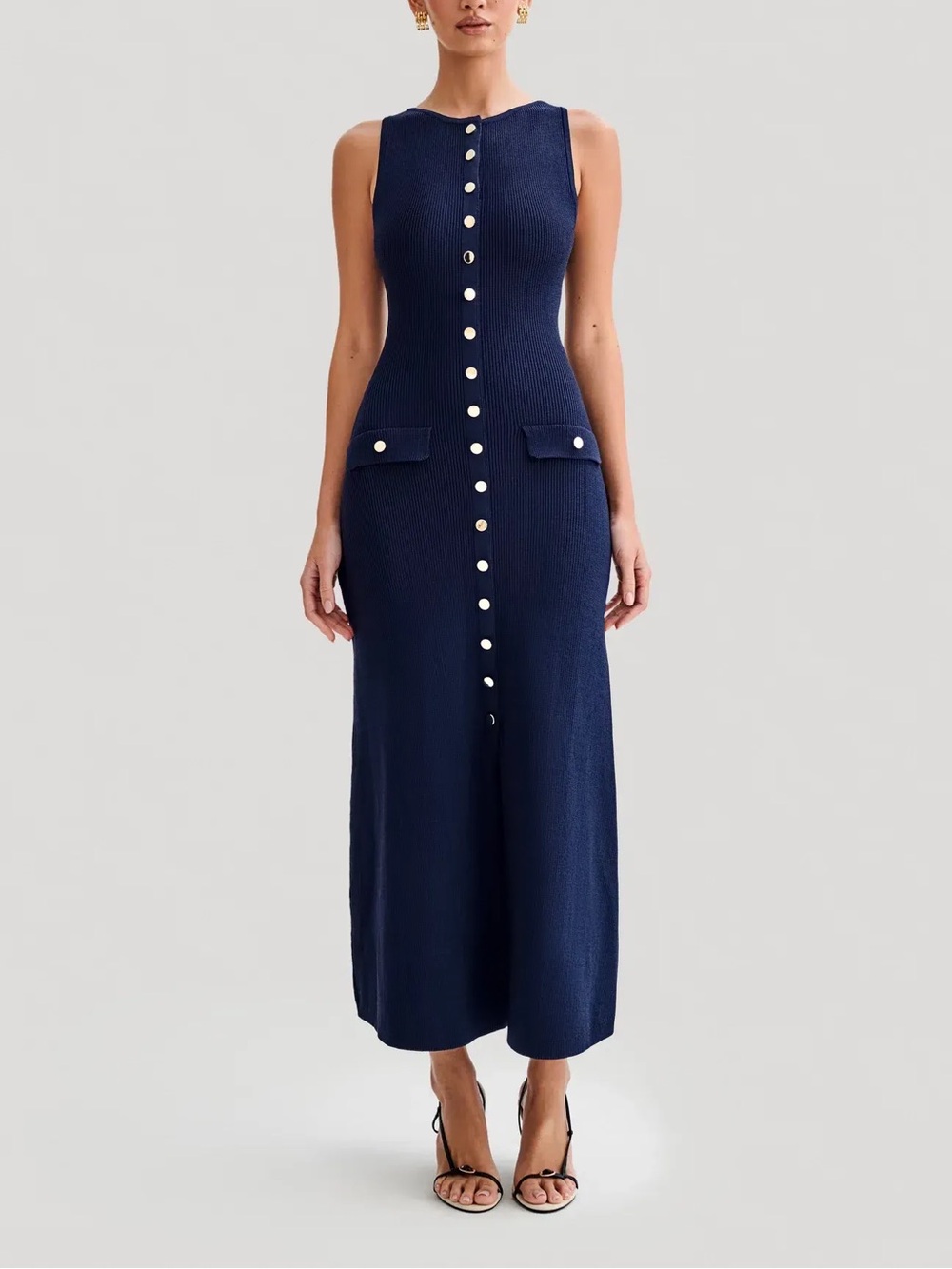 Meshki Sawyer Dress | Sleeveless Navy Button-Front Midi Dress